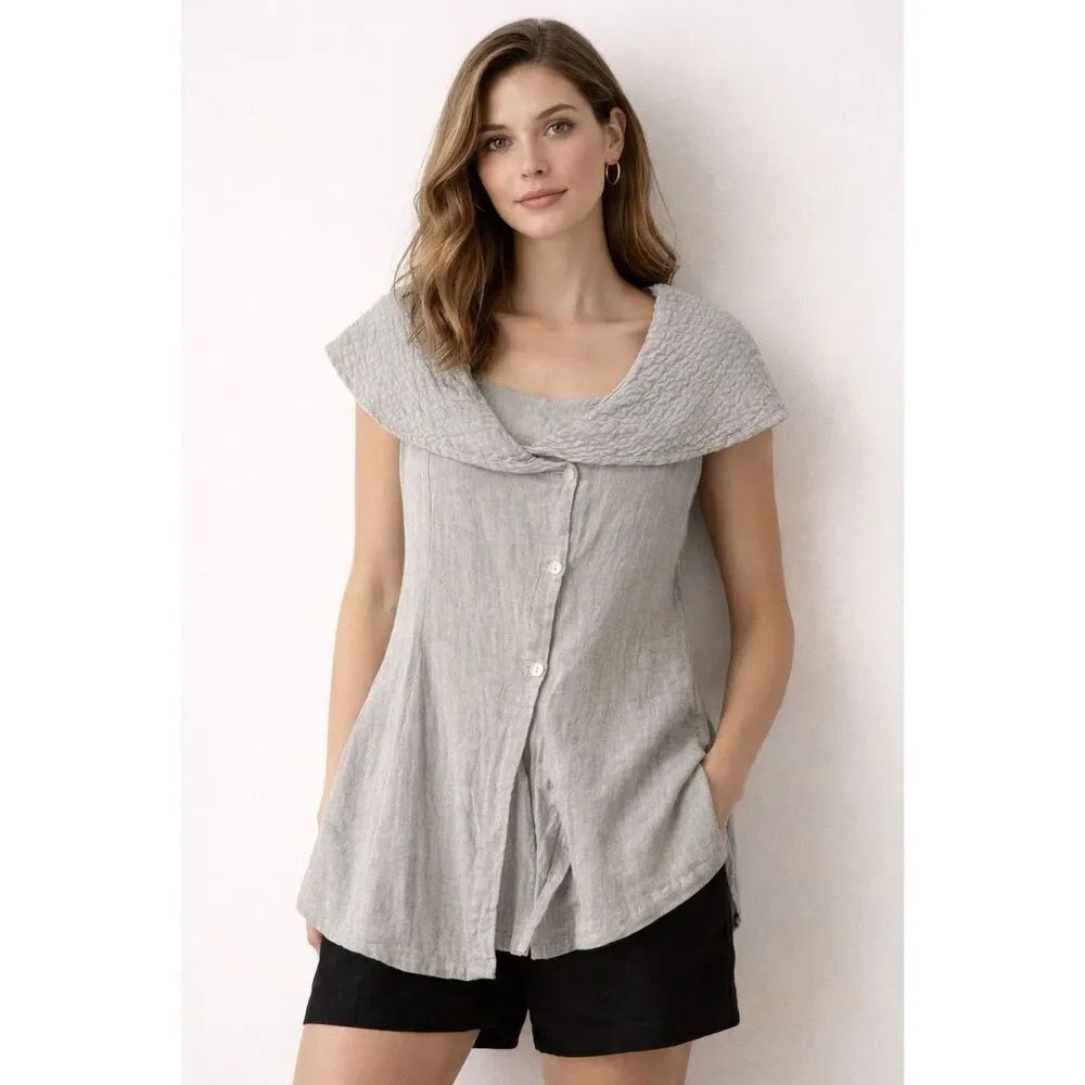 Banana Blue Linen Top Medium Gray Button Front Australia Made